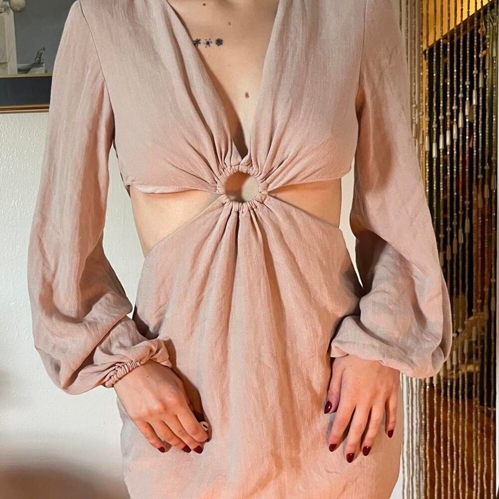 Runaway the Label Cutout Tan Mini Dress Bishop Sleeves Size M y2k minimalist